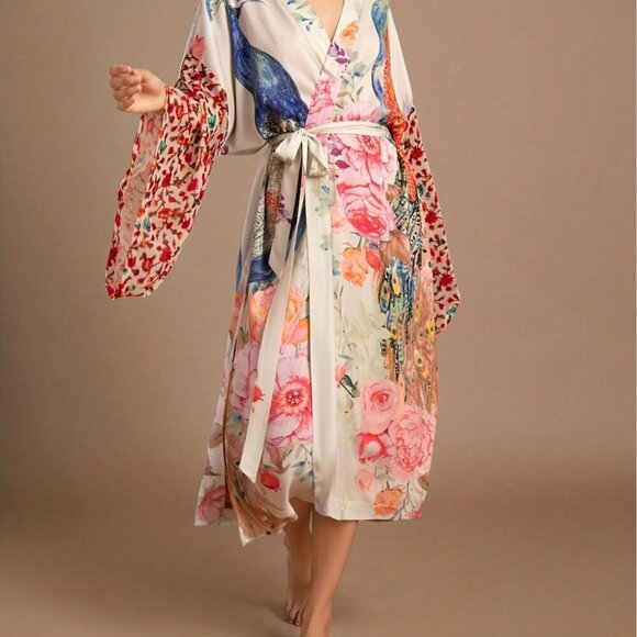Women's Printed Beach Smock Peacock Pattern Printed Belt kimono robe - Picture 3 of 5